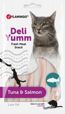 Flamingo Deli Yumm Fresh Meat Snack - tonhalas és lazacos püré macskáknak 5 x 14 g