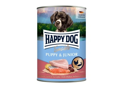 Happy Dog Supreme Sensible Puppy&Junior konzerv, csirke, lazac és burgonya ízesítésű nedves állateledel kölyök és fiatal kutyák számára 6x400 g 10 g