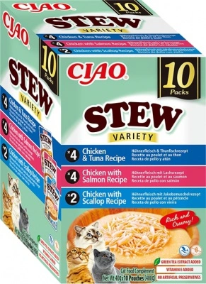 Inaba Cat Stew Variety - csirke-tonhal, csirke-lazac, csirke-fésűkagyló 10 x 40 g