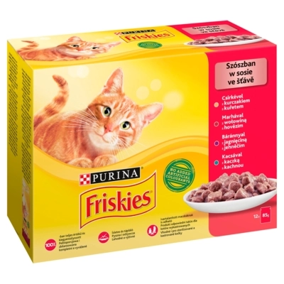 FRISKIES Szószban csirkével/marhával/báránnyal/lazaccal macskaeledel